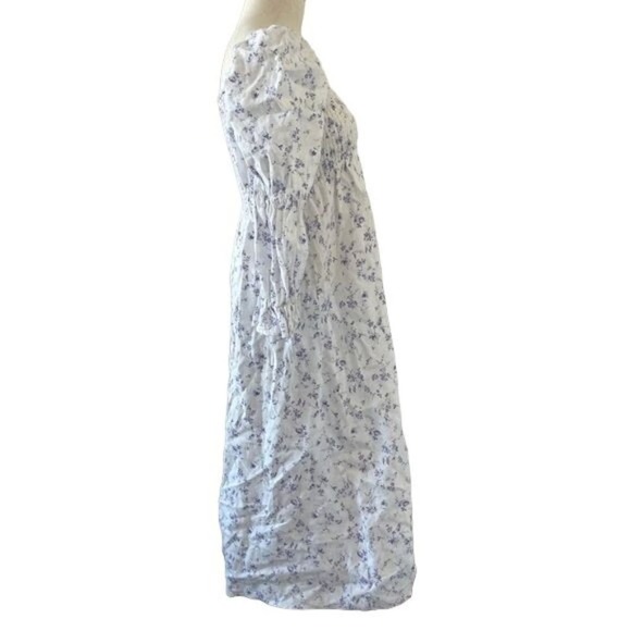 Reformation Midi Dress Smocked Puff Sleeves White Linen Floral Long Slit Medium - Picture 5 of 15